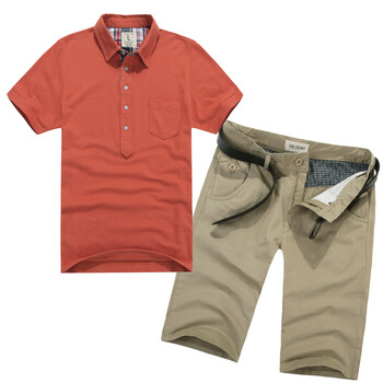 零号男 简约格纹领POLO衫+军旅几何分割休闲短裤 FD038+DD009 橙+卡其 XXL+36
