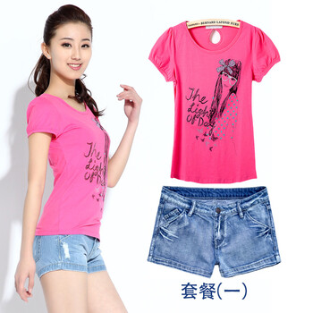 cuteway 2012新款女装时尚短袖T恤+牛仔短裤热裤套装 套装3 T恤XL+裤子30