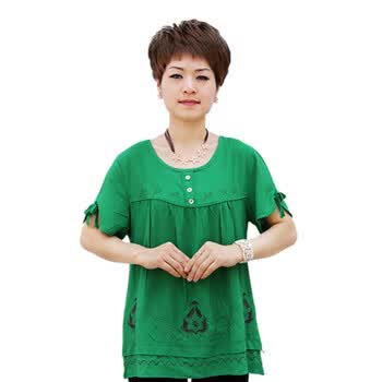 蕾曦 2012中老年夏装 中年女装妈妈装 短袖T恤 下摆绣花棉T恤 上衣 SQB下摆绣花棉T恤 上衣 深绿 XXXL