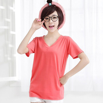 韩都衣舍 韩国女装2012夏装新款薄款纯色V领短袖T恤YK2078 粉色 M