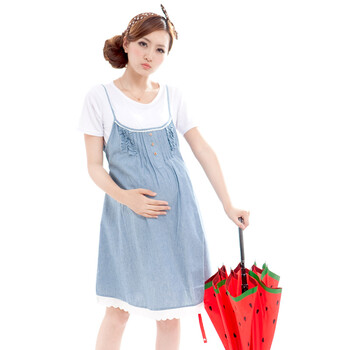 凯德氏 孕妇装夏装 孕妇裙 孕妇连衣裙 纯色褶皱纹两件套孕妇连衣裙 Q227 蓝色 L
