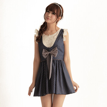 shinena/夏娜 2012夏娜春夏新品 大蝴蝶结 可爱无袖圆点背心裙 1409 牛仔蓝 L