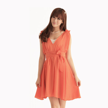 shinena/夏娜 2012夏装新款女装无袖背心裙 圆领V领两穿仙女雪纺连衣裙夏季 1498 橘色 M