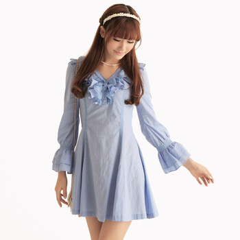 shinena/夏娜 2012春季新款 精致V领 木耳边 蕾丝设计 天蓝色连衣裙 1393 蓝色 M