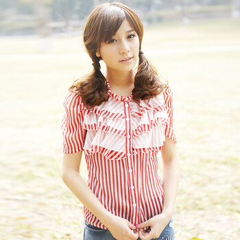 奈叶女装2012夏装韩版荷叶边OL耸肩泡泡条纹雪纺衫短袖衬衫2029 红色 F