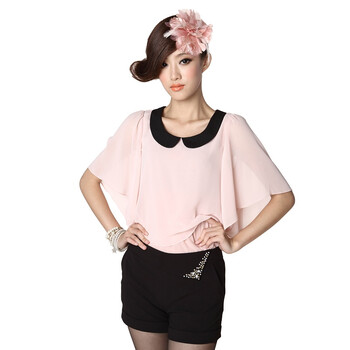蒂蒂卡娜/TT.COLOR 2012新款夏装女装时尚 娃娃领斗篷式假两件雪纺衫T2C06 虾粉 L