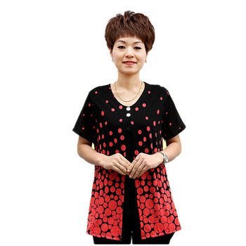 蕾曦 中老年女装夏装短袖女士假开衫大码T恤新款夏季时尚妈妈装上衣 SQB向晨 红点 XXXXL