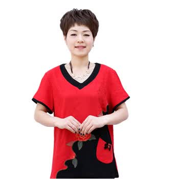 蕾曦 夏季新款唐装刺绣中老年短袖 气质休闲清凉妈妈装女装 SQB梦迪娜黑领 大红 XXXL