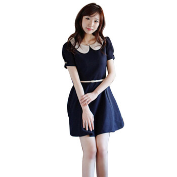 维妮 VINEY 2012夏装韩版女装裙子翻领泡泡短袖连衣裙71033 深蓝色 L