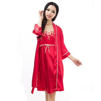 荻嘉茂 夏季女款仿真丝蕾丝绣花吊带裙+睡袍两件套 2029 大红 均码