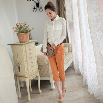 纳纹2012新品女装夏装新款哈伦裤七分裤衬衫腰带OL三件套韩版中裤子039601K 白色 XL