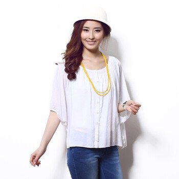 浪漫一身 2012夏装女 韩版宽松蝙蝠袖短袖女衬衣衬衫8121214 漂白色 L
