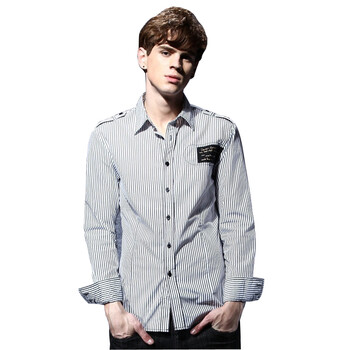DESIGN CORNER 男士条纹韩版休闲长袖衬衫S1W004 白色 XXL