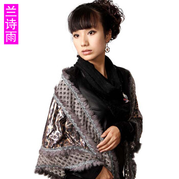 兰诗雨 豹纹水貂毛羊绒围巾女BGWJ750041 深灰 均码