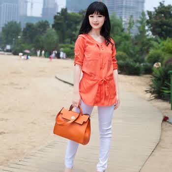 VERI GUDE2012新款韩版女装中长七分袖女衬衫 娃娃衫V领衬衣中长款雪纺衬衫 显瘦大码女衬衫 橘色 XXL