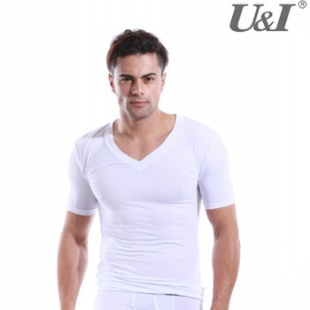U&I 男士内衣 紧身短袖大V领 超细莫代尔夏 AF潮男T恤6112 白色 L码