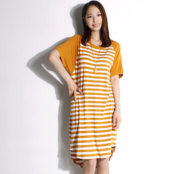 吉思美JSM 2012女夏装新款韩版短袖条纹圆领休闲T恤式连衣裙JK206D007 黄色 均码