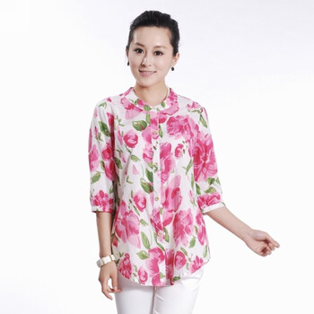 露西法兰 中老年女装夏装新款 薄款碎花棉质宽松中袖衬衫 FL-金依捷开衫 粉红色 3XL