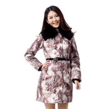 蓝冰 女士貉子毛领豹纹中长款羽绒服 ^@^BA67120 咖啡 175/XXL