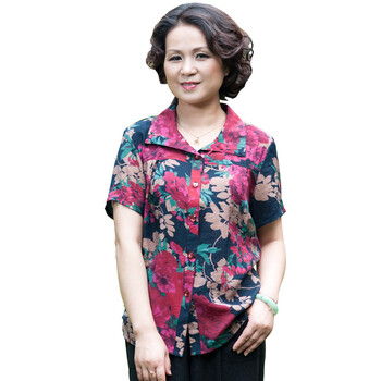 莎瑞 短袖 中老年妈妈装 夏款新品女装 翻领印花短袖翻领衬衫 红花 XXXXL