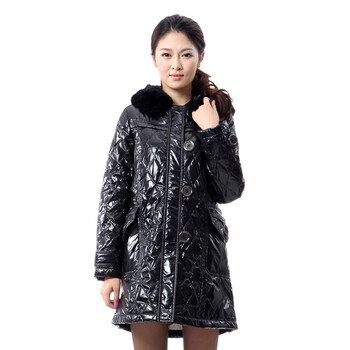 蓝冰 女獭兔毛连帽亮PU中长款羽绒服 ^@^BA67030 黑色 175/XXL
