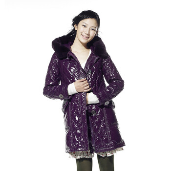 蓝冰 女獭兔毛连帽亮PU中长款羽绒服 ^@^BA67030 深紫色 175/XXL