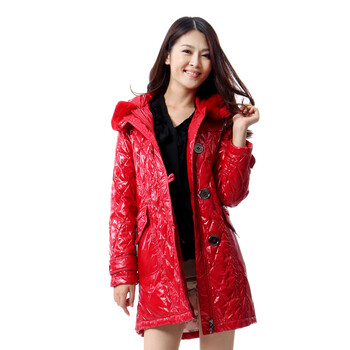 蓝冰 女獭兔毛连帽亮PU中长款羽绒服 ^@^BA67030 红色 175/XXL