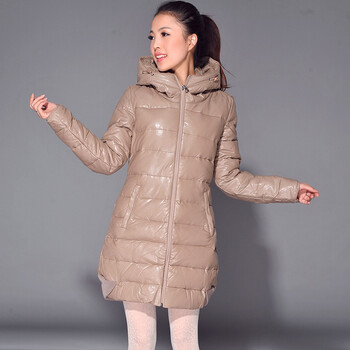 凯莉欧 休闲连帽长款修身皮质羽绒服 栗色 XL