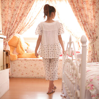 庆同夏季新款女式甜美公主梭织英伦碎花纯棉睡衣短袖家居服套装1636 粉色 XL
