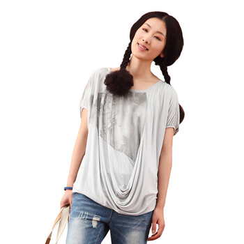 茵曼INMAN 2012夏装纯棉新款T恤短袖印花女T恤 301470 浅灰色 XL