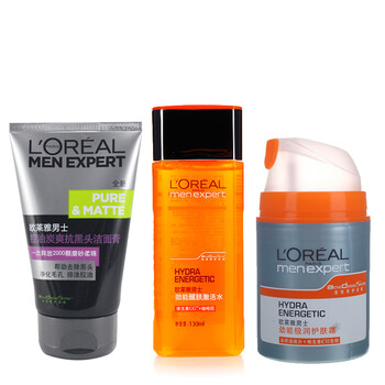 LOREAL欧莱雅男士控油炭爽抗黑头洁面膏100ml+劲能醒肤激活水130ml+劲能极润护肤霜 50ml