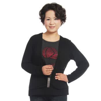 莎瑞 时尚中老年女装 妈妈装 圆领镶钻假两件针织衫 黑色 XXXL