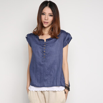初念 2012夏季新款 文艺褶皱立领女式宽松大码亚麻短袖衬衫 2色 1288# 蓝色预定3-5天发货 L/170