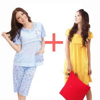 喜孕娇 纯棉时尚KITYY孕产二穿哺乳套装+蝴蝶飞飞孕产二穿哺乳裙T01 蓝色KITYY猫+蝴蝶哺乳裙黄色 均码