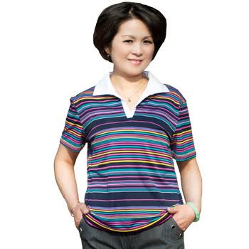 莎瑞 中老年妈妈装女装 气质休闲装 梅花钻翻领中袖T恤衫 藏青花 XXXL