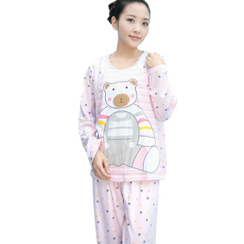 蕾曦 乐乐熊长袖哺乳衣外出秋装孕妇装秋冬装哺乳套装月子服哺乳睡衣 WML.乐乐熊 粉色 XL