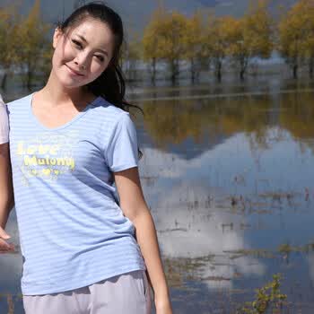 庆同夏季女式针织棉睡衣休闲家居服短袖套装82334 浅兰 XXL
