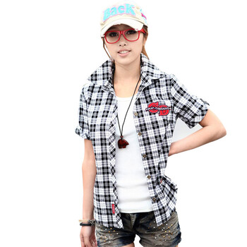Moneka Beiluji 2012夏款 全棉短袖衬衫 方领绣花格子系列 MB8827 黑白格 XL