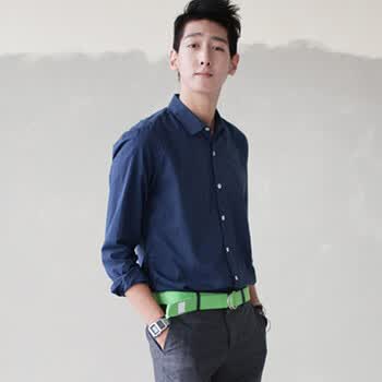 时尚起义 韩国简单网纱棉基本衬衫 男594114 海军蓝 L