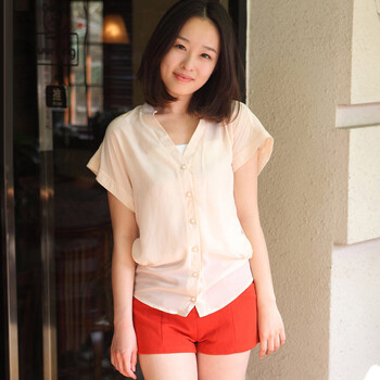 韩都衣舍 韩国2012夏季新款女纯色短袖立领雪纺衫NN3102L01 米色 L