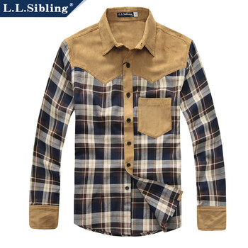 LLSibling 新款男士衬衫 英伦风修身 拼接 格子男衬衫长袖衬衣/127679 咖啡格 185/100