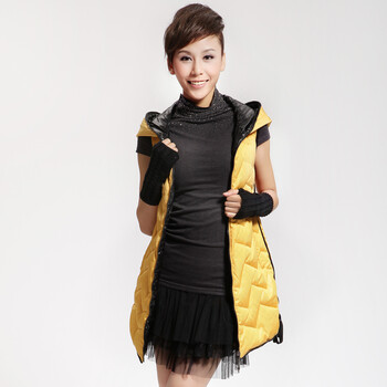 Cilaya/熙兰雅 撞色拉链内衬轻薄鞋格纹长款羽绒服背心女 11102 黄色 S