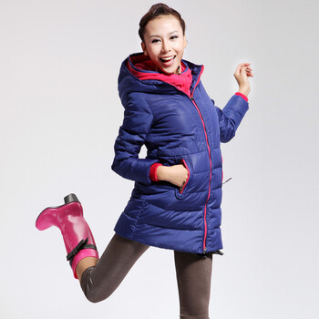 Cilaya/熙兰雅 韩国纹撞色拉链轻薄中长款修身羽绒服女正品 11701 宝蓝 S