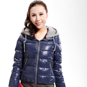 Cilaya/熙兰雅 撞色拉链细格纹轻薄修身短款羽绒服女正品 11206 紫蓝 XL