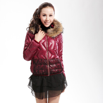 Cilaya/熙兰雅 毛领蕾丝拼接 斜格纹修身短款羽绒服女正品 11210 驼色 XL