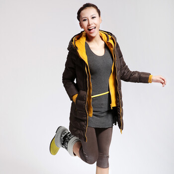 Cilaya/熙兰雅 韩国纹撞色拉链轻薄中长款修身羽绒服女正品 11701 咖啡 XL