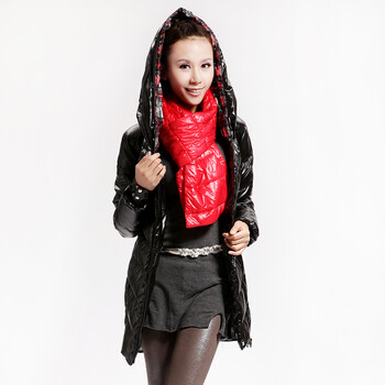 Cilaya/熙兰雅 不对称拉链细格纹连帽中长款羽绒服女正品 11709 黑色 XL