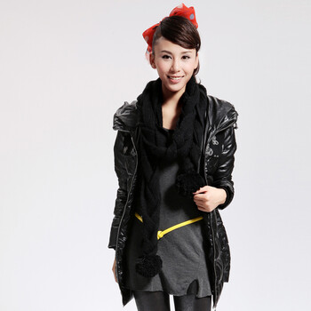 Cilaya/熙兰雅 红色PU皮轻薄毛线拼接带帽长款羽绒服女正品 11715 黑色 XXL