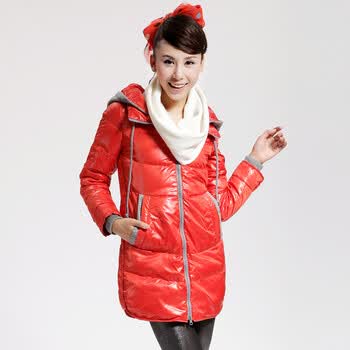 Cilaya/熙兰雅 撞色拉链细格纹轻薄修身长款羽绒服女正品 11743 桔色 XXL