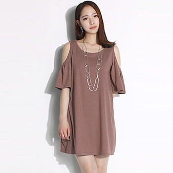 吉思美JSM 2012女装新款韩版露肩蝙蝠五分半袖淑女连衣长裙JK206D003 卡其色 均码